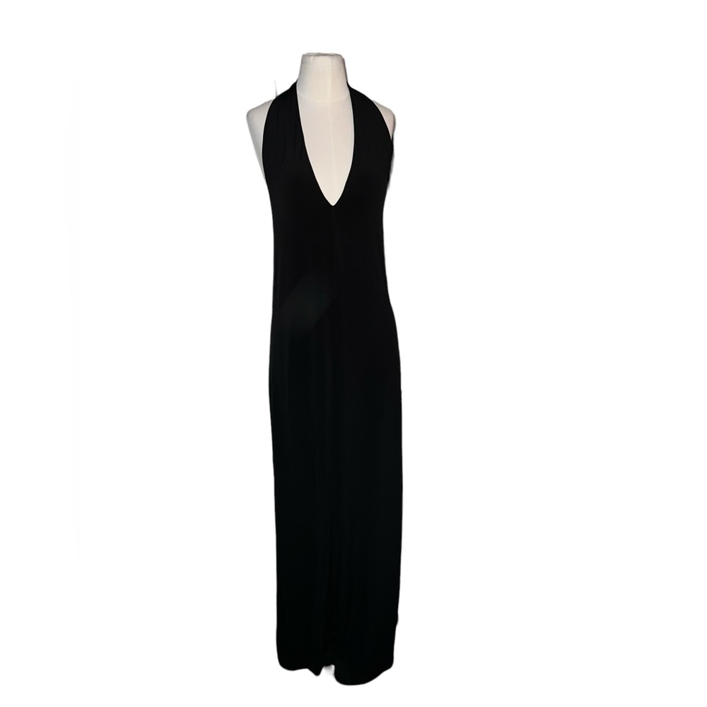 MODA INTERNATIONAL | BLACK V NECK OPEN BACK HALTER SLEEVELESS MAXI DRESS SZ M